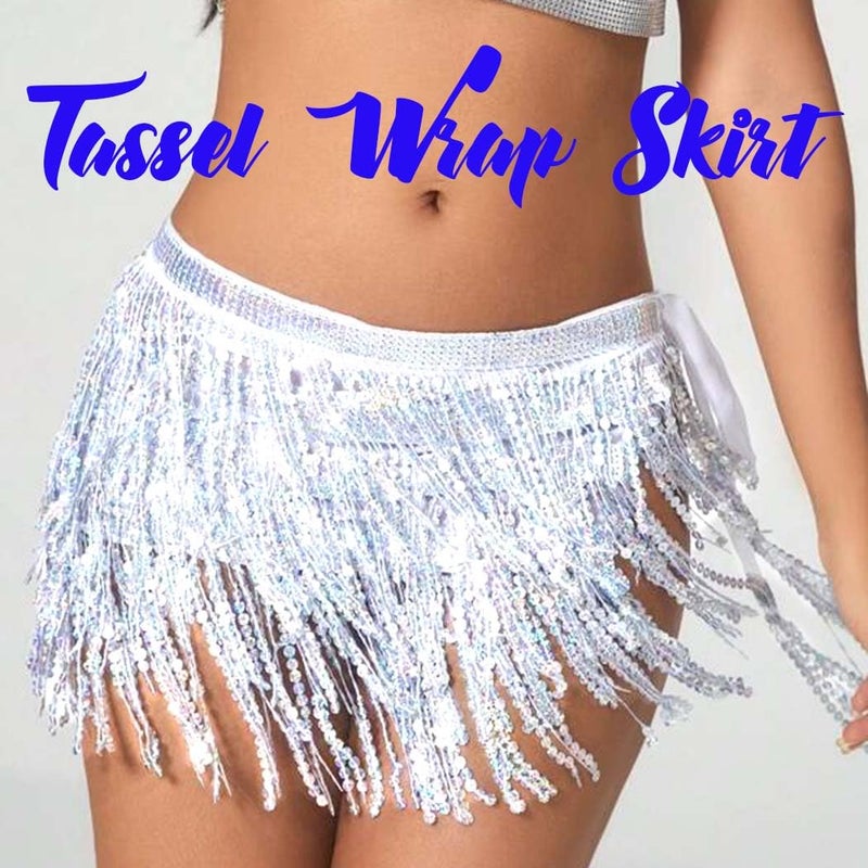 REETAN Fringe Sequin Skirt Belly Dance Mardi Gras Sparkly Rave Skirts for Women (A-Silver) - Image 5